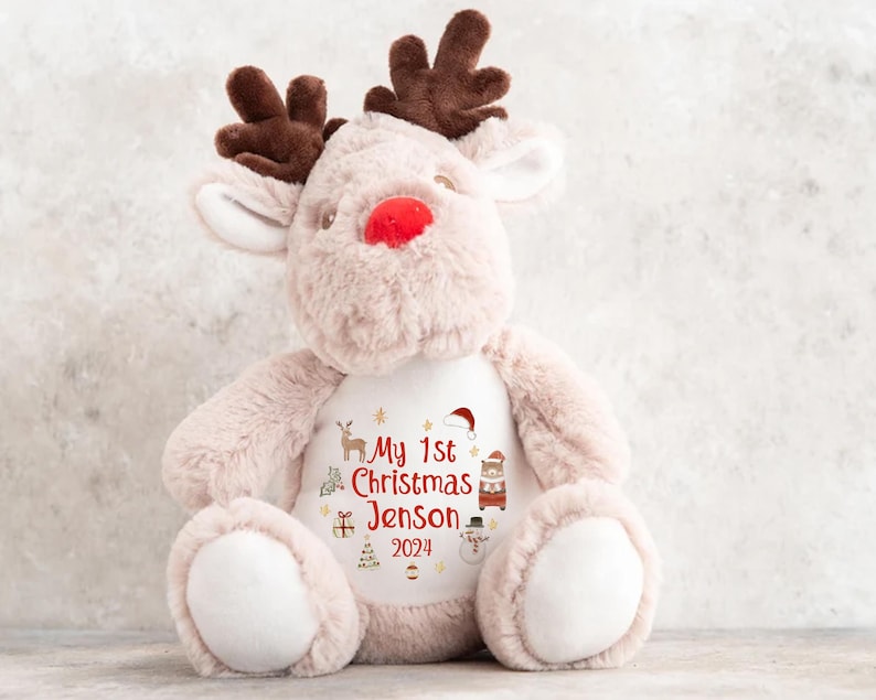 Personalised Small Rudolf Reindeer Christmas Teddy Bear Plushie Baby's First 1st Xmas Children's Kids Name Gift Present Keepsake
