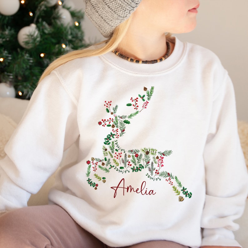Personalised Reindeer Christmas Jumper with Flowers Name Unisex Kids Size Jumper Day Young Toddler Girl Youth Child Children Daughter Son