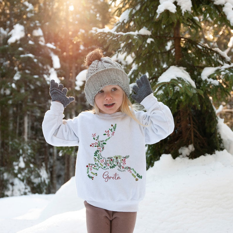 Personalised Reindeer Christmas Jumper with Flowers Name Unisex Kids Size Jumper Day Young Toddler Girl Youth Child Children Daughter Son