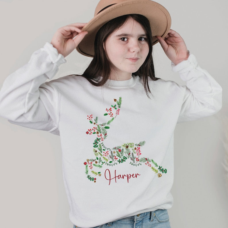 Personalised Reindeer Christmas Jumper with Flowers Name Unisex Kids Size Jumper Day Young Toddler Girl Youth Child Children Daughter Son