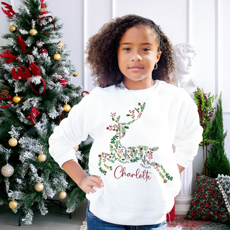 Personalised Reindeer Christmas Jumper with Flowers Name Unisex Kids Size Jumper Day Young Toddler Girl Youth Child Children Daughter Son