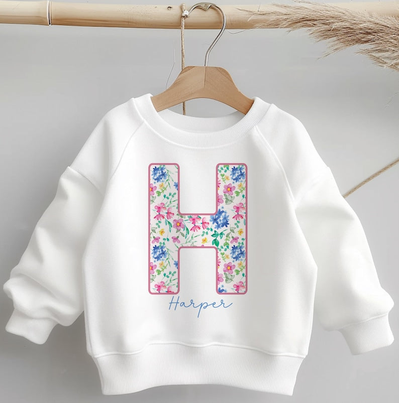 Personalised Name Kids Sweatshirt - Custom Toddler Clothing - Flower Theme Girl Jumper - Children Gift Name With Initial - Floral Sweater