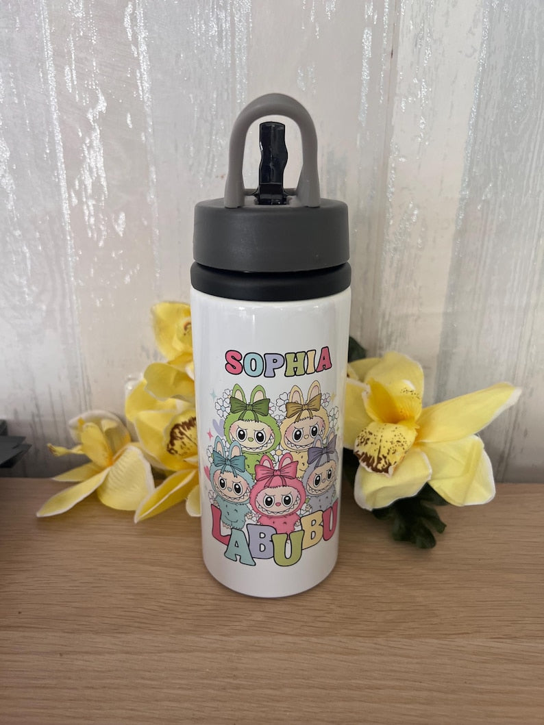 Labubu water bottle | Labubu | with name | aluminium water bottle | child’s water bottle. Labubu bottle. Bottle with straw