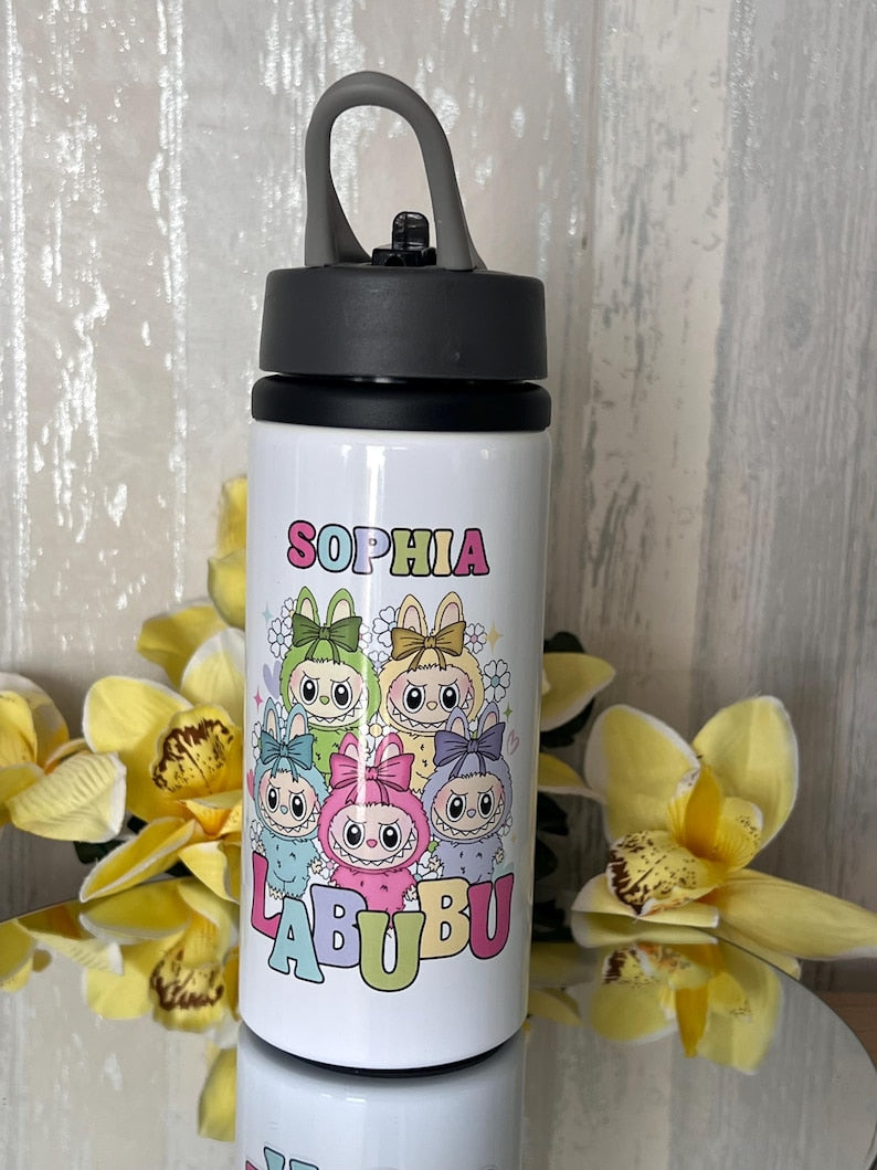 Labubu water bottle | Labubu | with name | aluminium water bottle | child’s water bottle. Labubu bottle. Bottle with straw