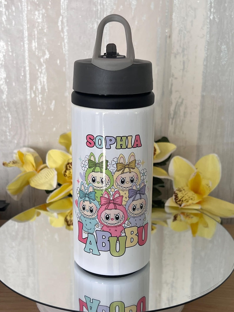 Labubu water bottle | Labubu | with name | aluminium water bottle | child’s water bottle. Labubu bottle. Bottle with straw