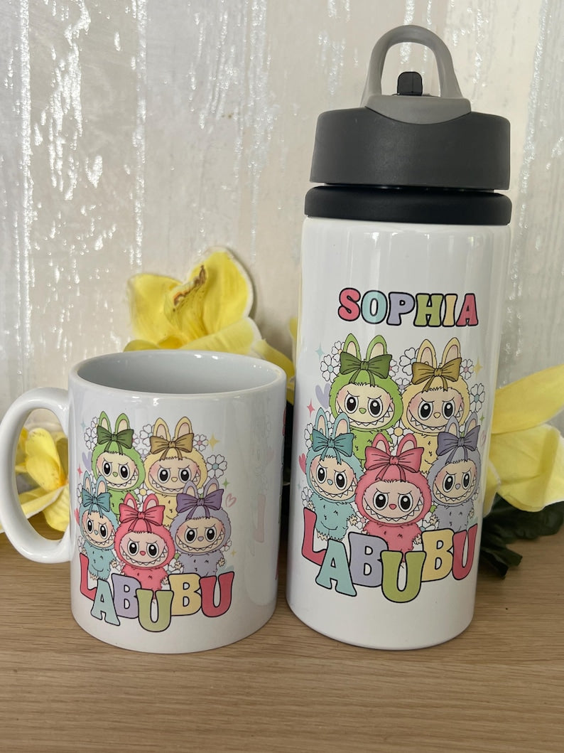 Labubu water bottle | Labubu | with name | aluminium water bottle | child’s water bottle. Labubu bottle. Bottle with straw