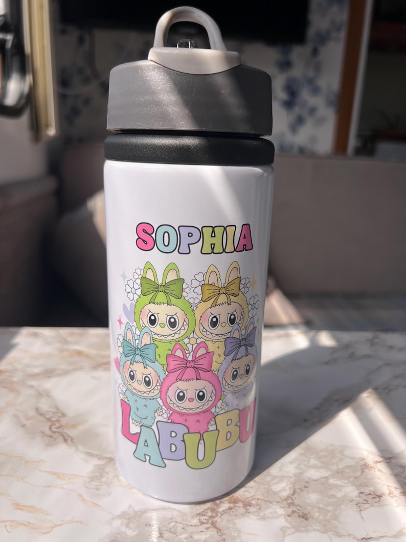 Labubu water bottle | Labubu | with name | aluminium water bottle | child’s water bottle. Labubu bottle. Bottle with straw